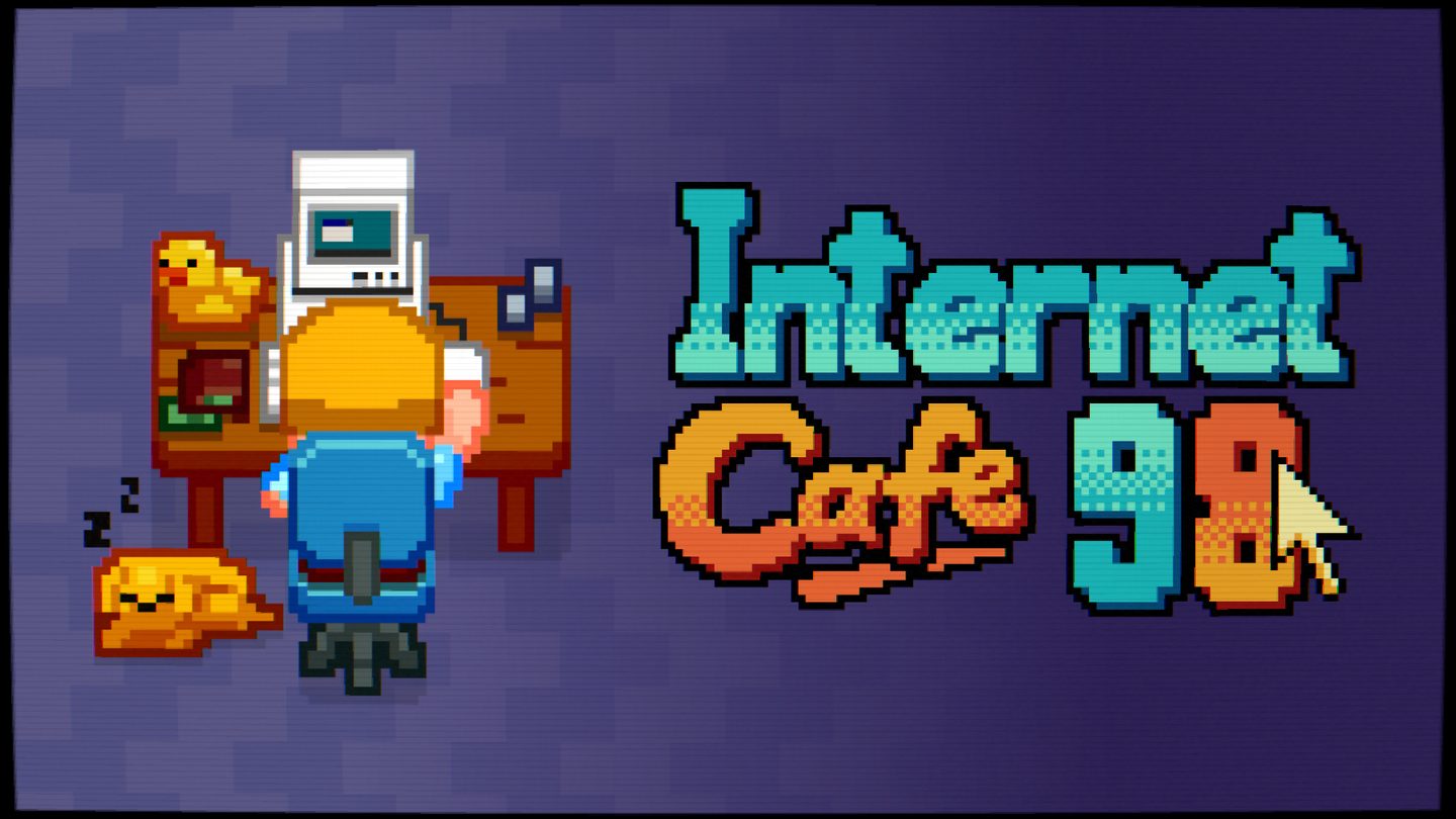 A pixel-art player at a beige 1998 PC, with a rubber duck on the desk and a cat asleep on the floor