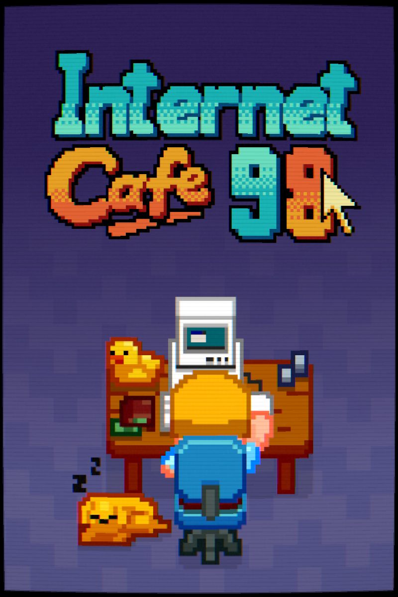 Internet Cafe 98 vertical key art: the game logo above a player at a 1998 PC