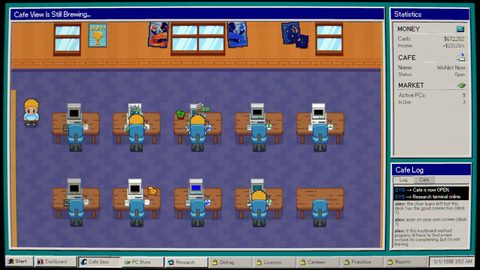 Screenshot: the cafe with rows of desks, PCs and customers