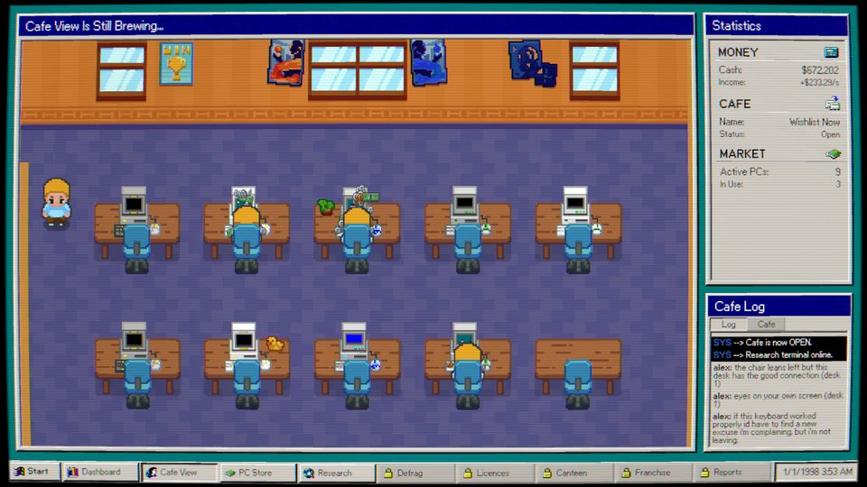 Cafe view: two rows of desks with PCs and customers, the statistics panel and the cafe log