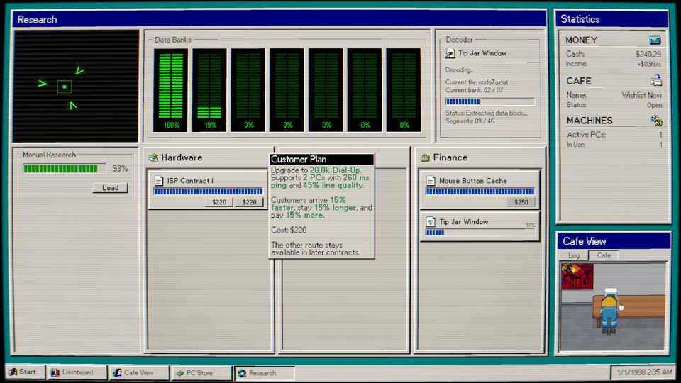 Research: data banks filling up, and hardware and finance contracts with an ISP upgrade explained in a tooltip