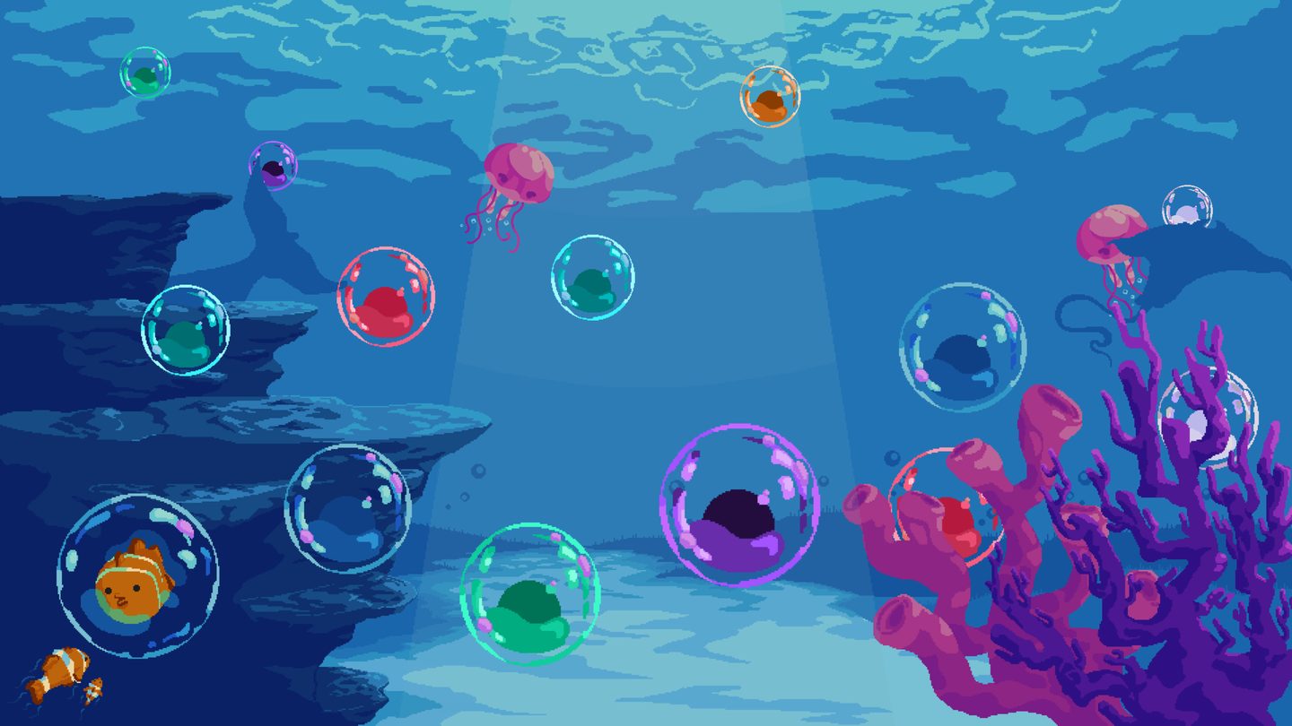 Pupple Pop key visual: an underwater pixel scene with bubbles holding coloured blobs, jellyfish, coral and a clownfish
